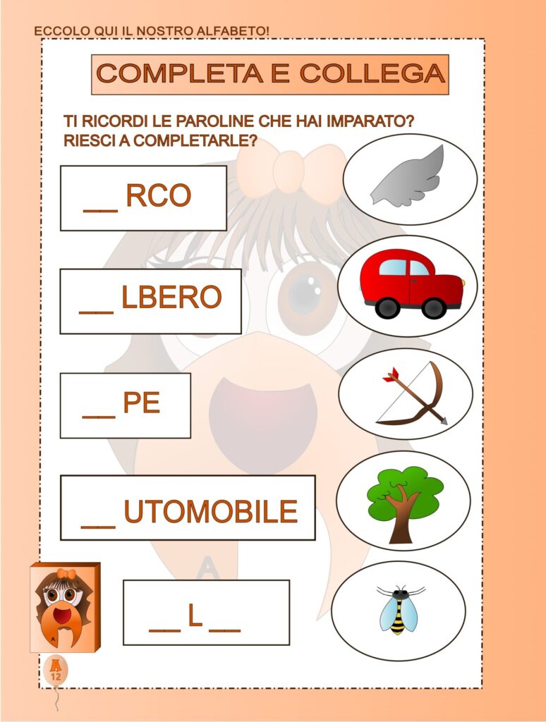 pagina del capitolo della "A": inserisci la lettera mancante e collega il nome al disegno.