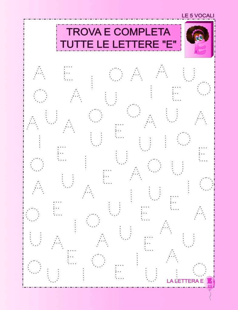 pagina del capitolo della "E": trova e ricalca la lettera "E".