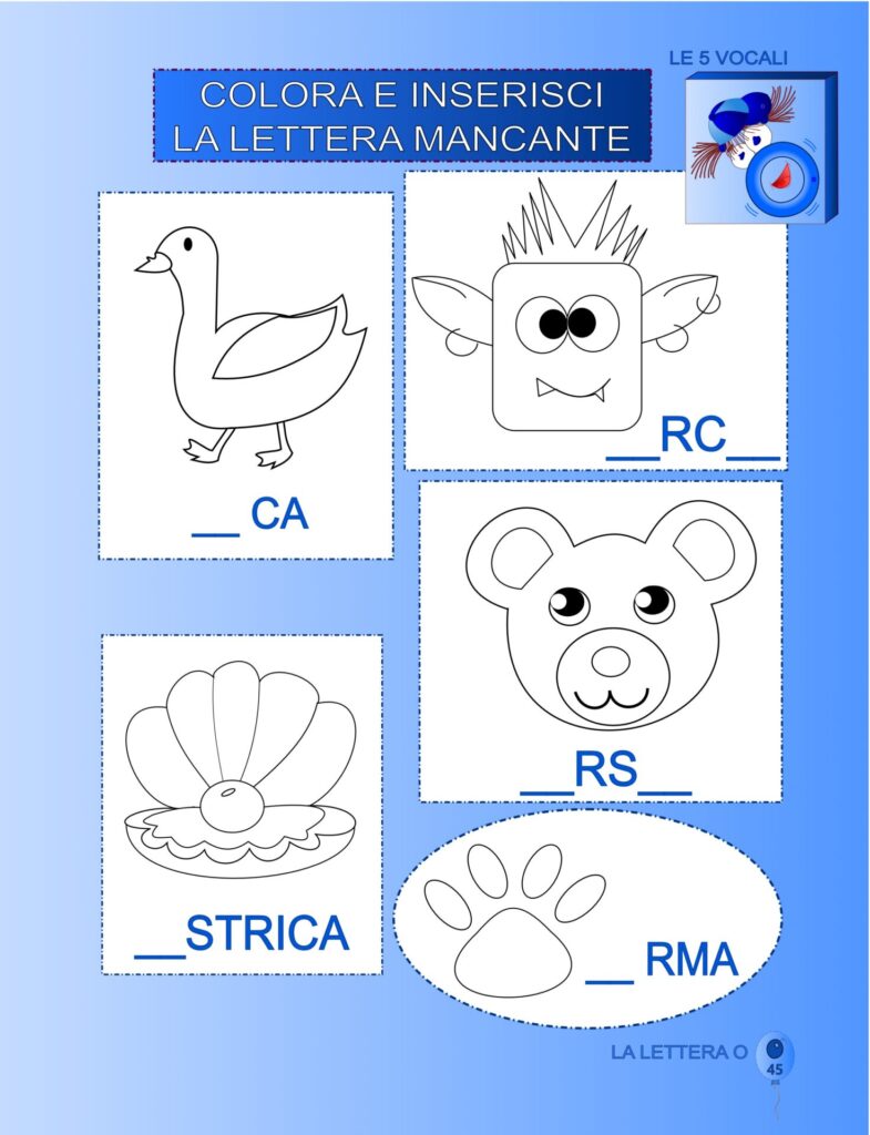 pagina del capitolo della "O": inserisci la lettera mancante e colora.