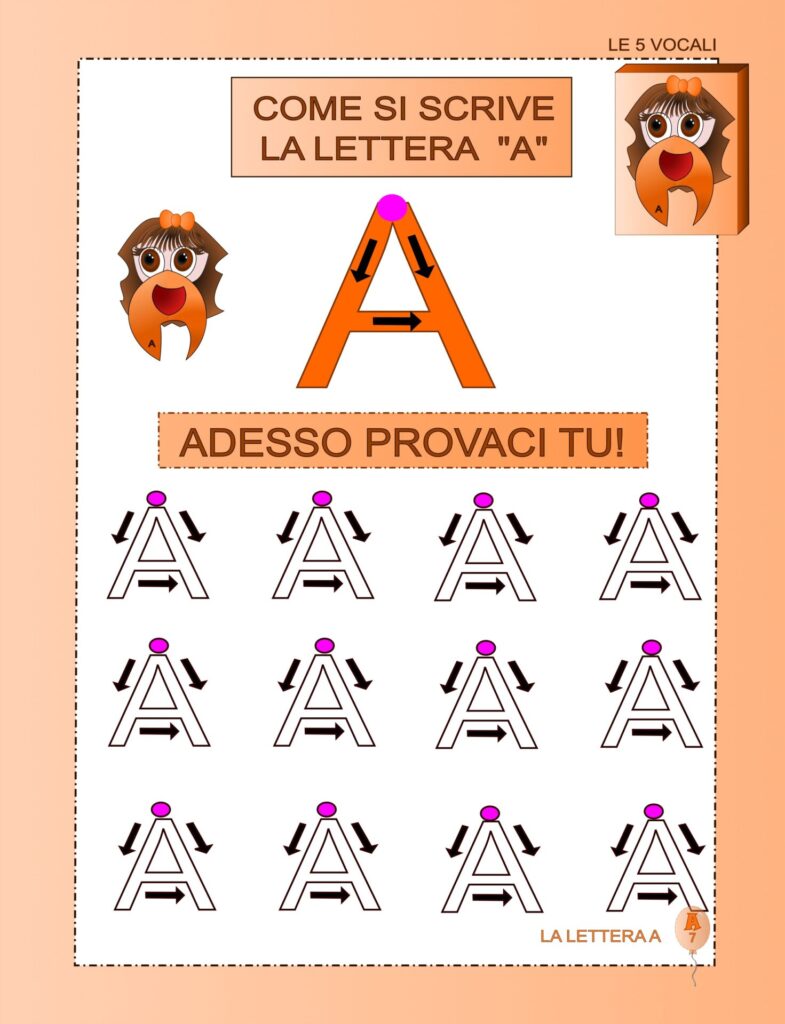 pagina del capitolo della "A": esercizi per scrivere la lettera.