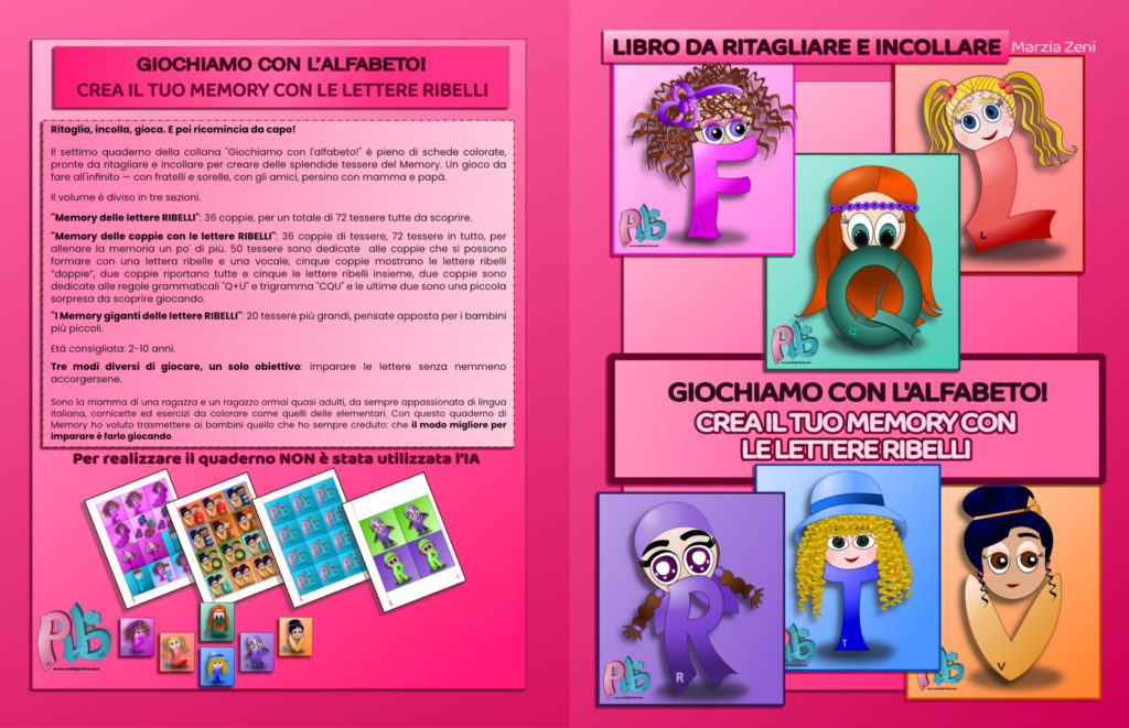 Copertina e quarta di copertina del libro "Crea il tuo memory con le lettere ribelli"