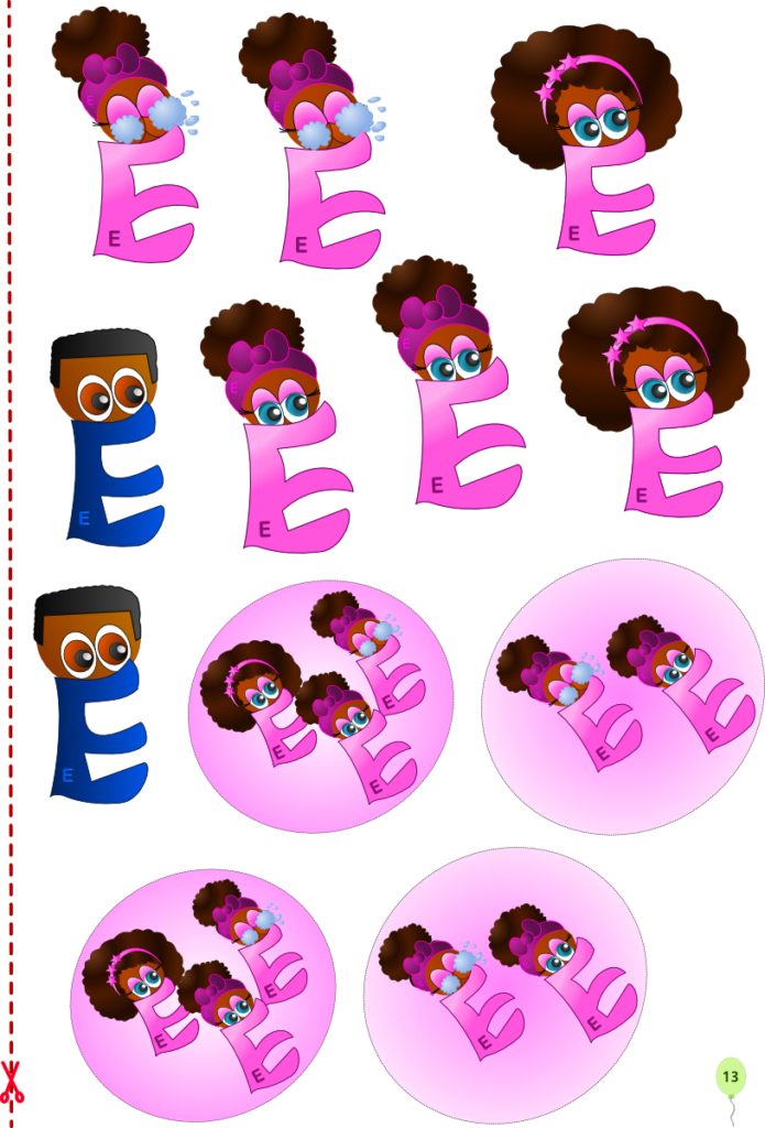 pagina di sticker colorati della lettera E