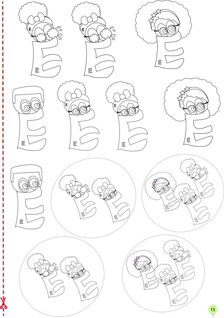 pagina di sticker da colorare della lettera E