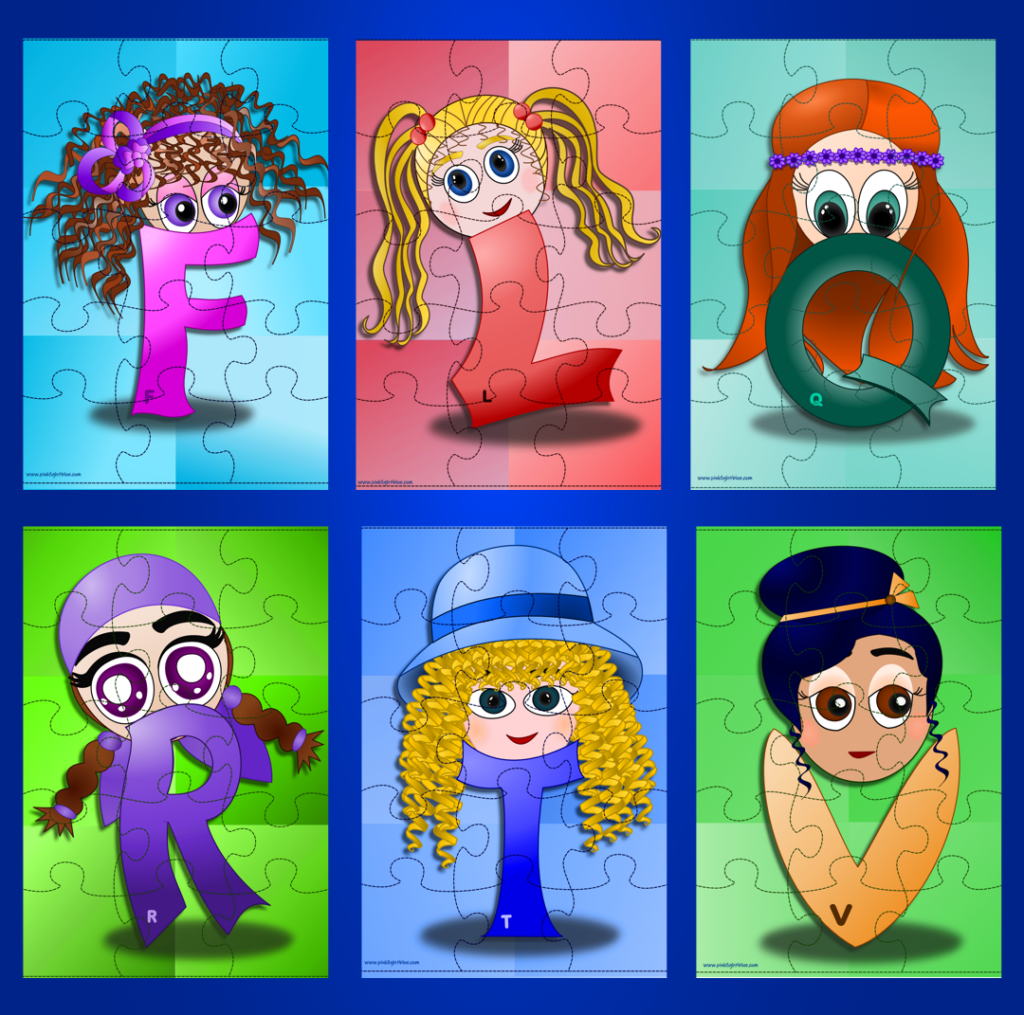 Tabellone con 6 puzzle delle lettere FLQRTV versione femminile