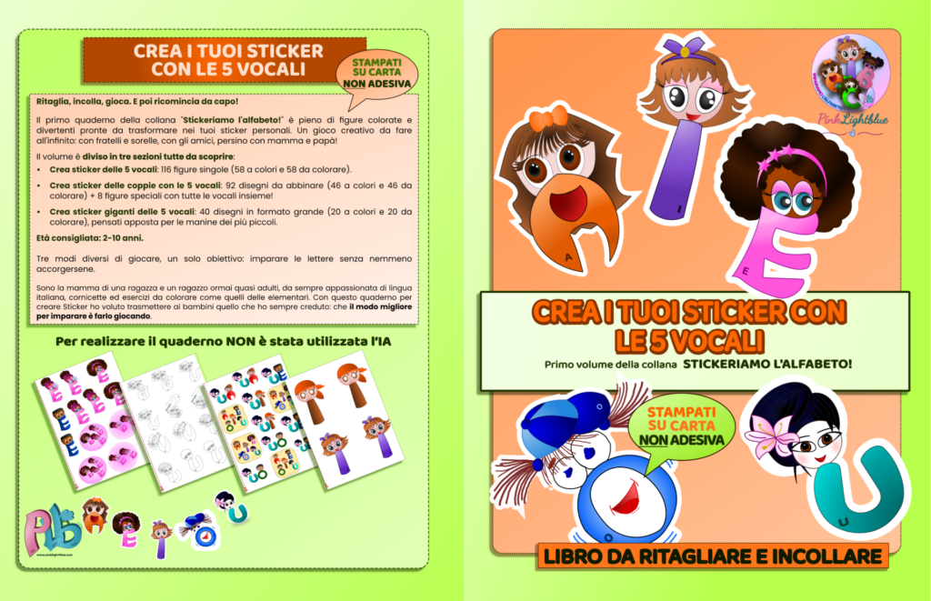 copertina libro "Crea i tuoi sticker con le 5 vocali", con collegamento che punta alla pagina di dettaglio del libro.