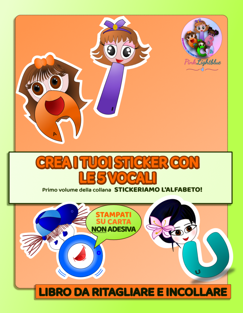 copertina del libro "Crea i tuoi stickers con le 5 vocali", che punta alla pagina di dettaglio del libro