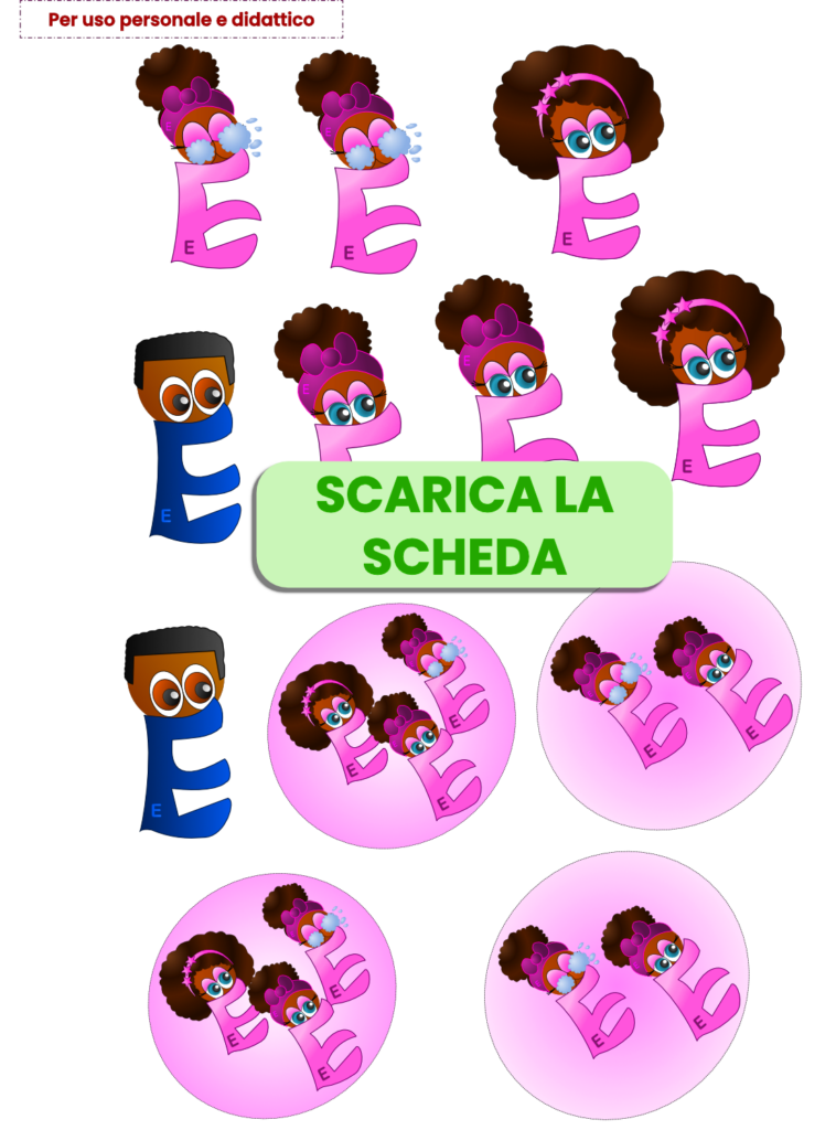 immagine della pagina di sticker della lettera E, cliccabile. Il link porta alla scheda pdf
